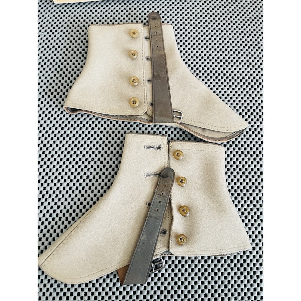 Edwardian Spats Taupe Wool Felt 4 Buttons Leather Straps w/Buckles Vintage Rare